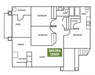 Floor plan for 3 beds, 2 baths, 1206 sqft