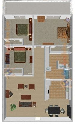 Floor plan for 3 beds, 2 baths, 1100 sqft