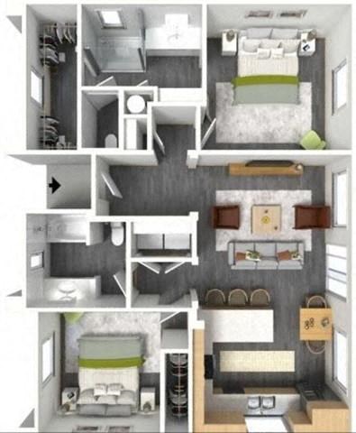 Floor plan for 2 beds, 2 baths, 990 sqft