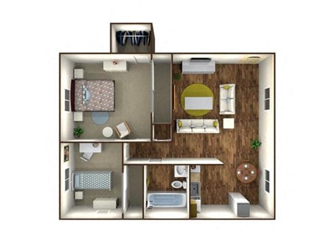 Floor plan for 2 beds, 1 bath, 860 sqft