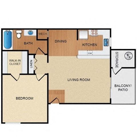 Floor plan for 1 bed, 1 bath, 500 sqft