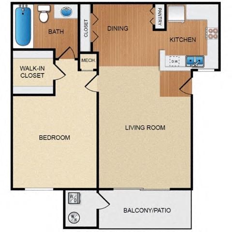 Floor plan for 1 bed, 1 bath, 614 sqft