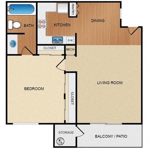 Floor plan for 1 bed, 1 bath, 614 sqft