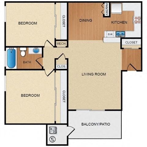 Floor plan for 2 beds, 1 bath, 810 sqft