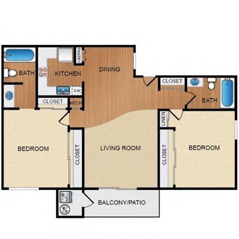 Floor plan for 2 beds, 2 baths, 878 sqft