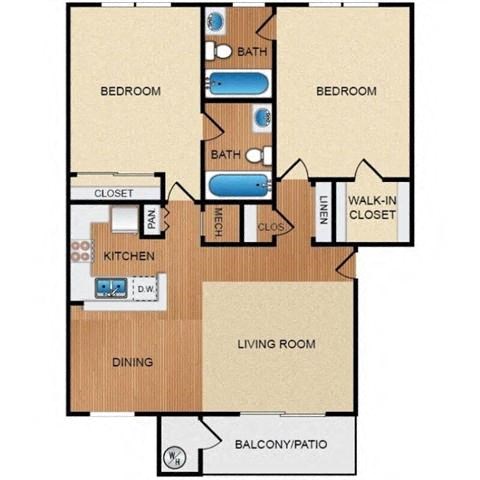 Floor plan for 2 beds, 2 baths, 898 sqft