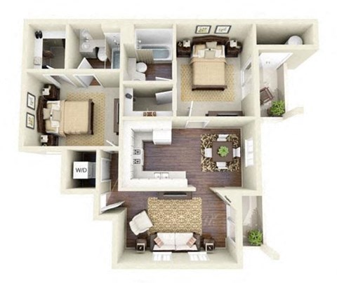Floor plan for 2 beds, 2 baths, 1000 sqft