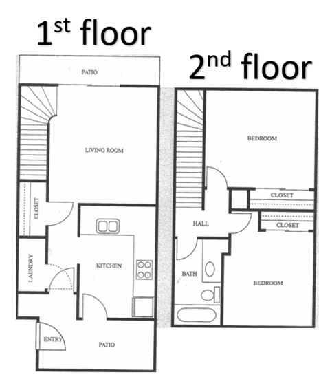 Floor plan for 2 beds, 1 bath, 900 sqft