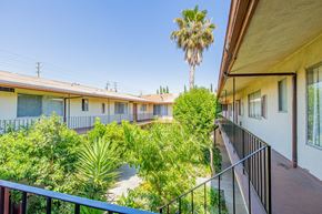 Northridge apartment for rent - a view of the courtyard of a building with a palm tree
