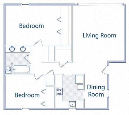 Floor plan for 2 beds, 1 bath, 784 sqft