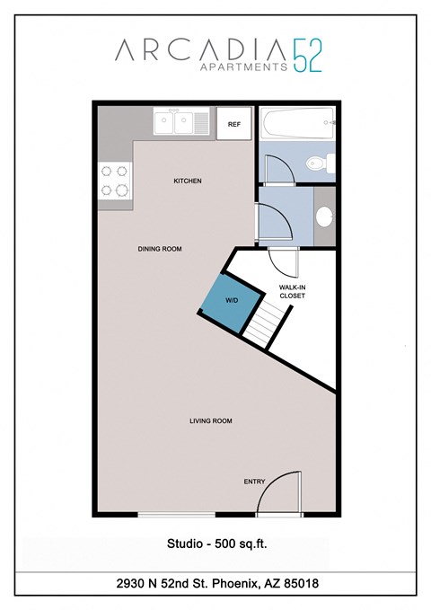 Floor plan for studio, 1 bath, 500 sqft
