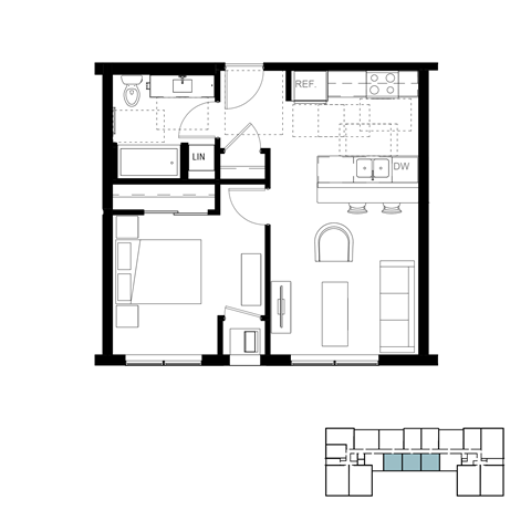 Floor plan for 1 bed, 1 bath, 580 sqft