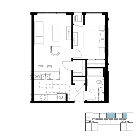 Floor plan for 1 bed, 1 bath, 644 sqft