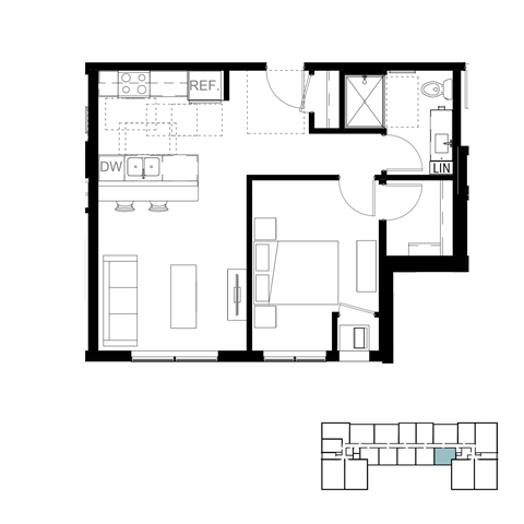 Floor plan for 1 bed, 1 bath, 634 sqft