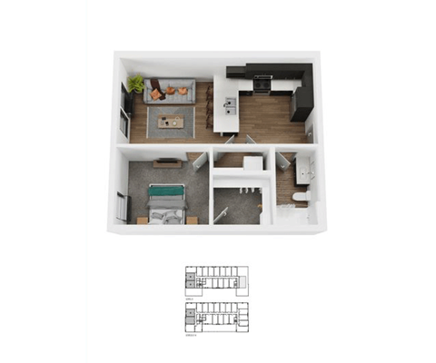 Floor plan for 1 bed, 1 bath, 611 sqft