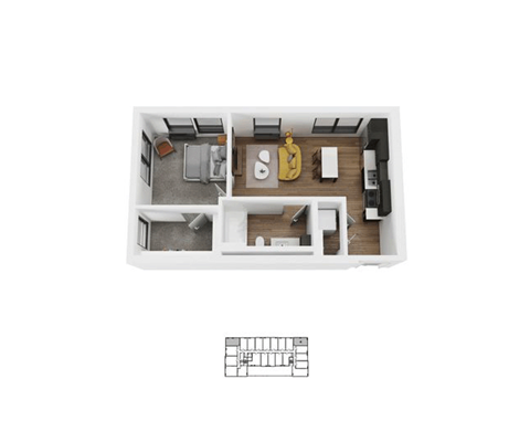 Floor plan for 1 bed, 1 bath, 572 sqft