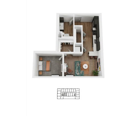 Floor plan for 1 bed, 1 bath, 678 sqft