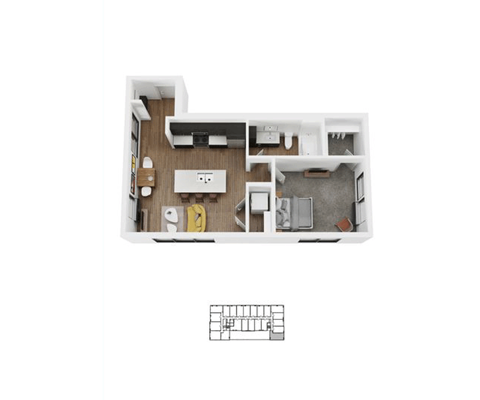 Floor plan for 1 bed, 1 bath, 677 sqft
