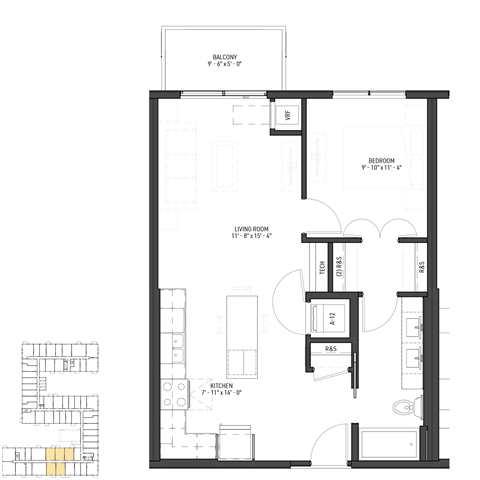 Floor plan for 1 bed, 1 bath, 639 sqft