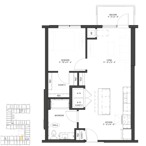 Floor plan for 1 bed, 1 bath, 640 sqft