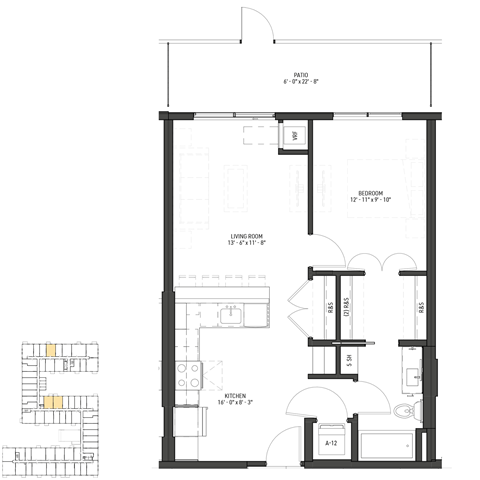Floor plan for 1 bed, 1 bath, 642 sqft
