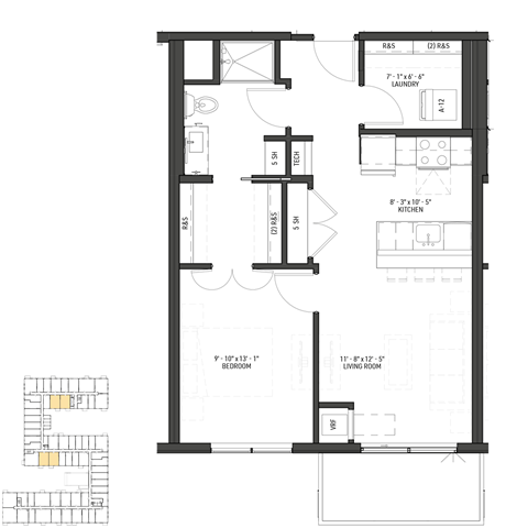Floor plan for 1 bed, 1 bath, 626 sqft