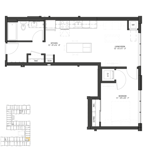Floor plan for 1 bed, 1 bath, 573 sqft