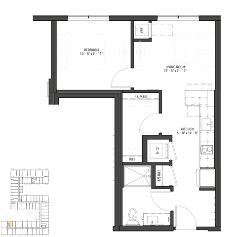 Floor plan for 1 bed, 1 bath, 496 sqft
