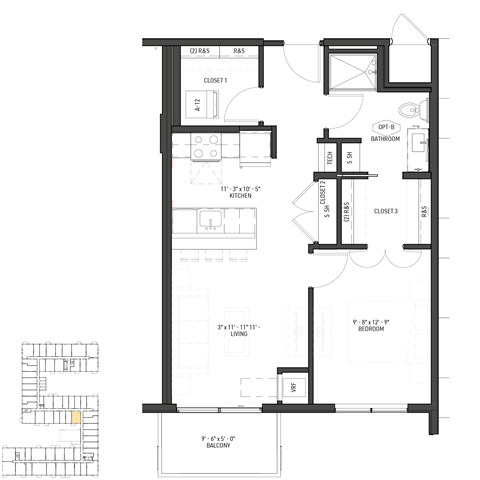 Floor plan for 1 bed, 1 bath, 615 sqft
