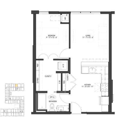 Floor plan for 1 bed, 1 bath, 643 sqft