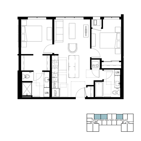 Floor plan for 2 beds, 2 baths, 862 sqft