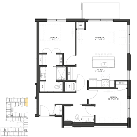 Floor plan for 2 beds, 2 baths, 873 sqft