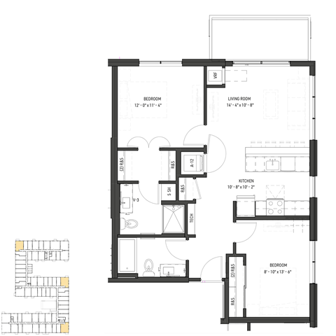 Floor plan for 2 beds, 2 baths, 846 sqft