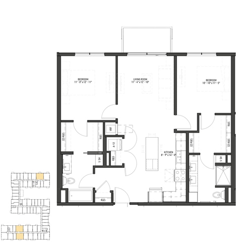 Floor plan for 2 beds, 2 baths, 1005 sqft