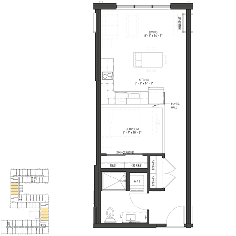 Floor plan for 1 bed, 1 bath, 499 sqft
