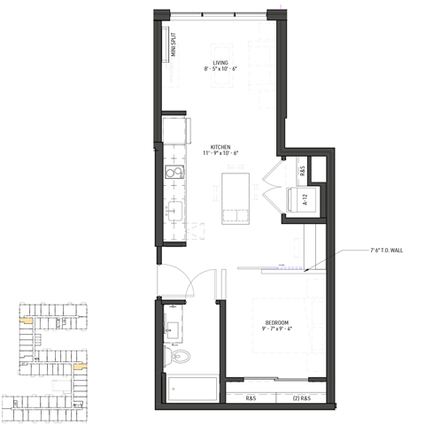 Floor plan for 1 bed, 1 bath, 479 sqft