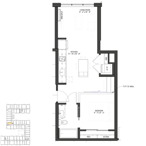 Floor plan for 1 bed, 1 bath, 478 sqft