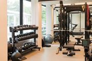 Minneapolis apartment for rent - A gym with a variety of equipment including a squat rack, bench, and dumbbells.