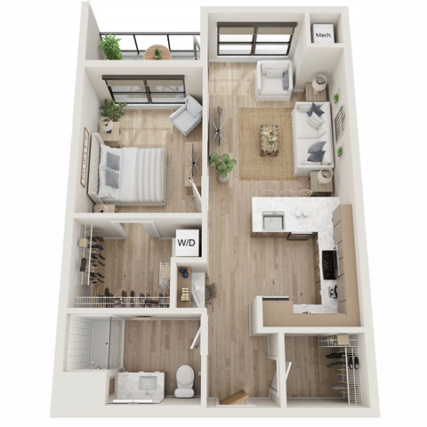 Floor plan for 1 bed, 1 bath, 684 sqft