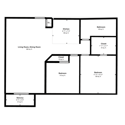 Floor plan for 2 beds, 1 bath, 900 sqft