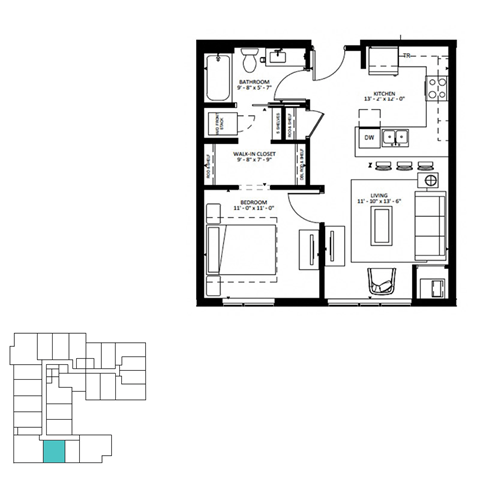 Floor plan for 1 bed, 1 bath, 644 sqft