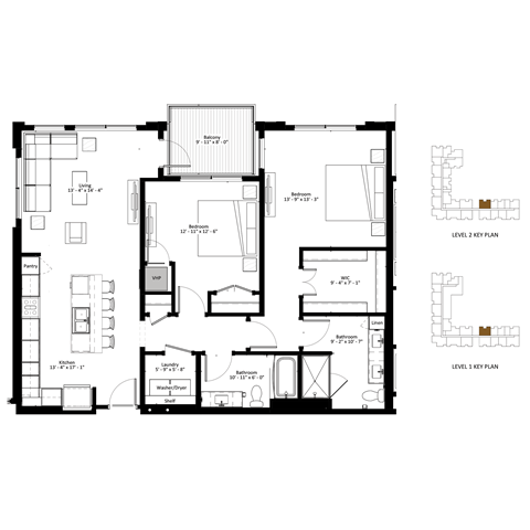 Floor plan for 2 beds, 2 baths, 1315 sqft