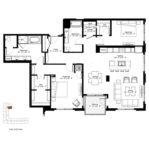 Floor plan for 2 beds, 2 baths, 1770 sqft