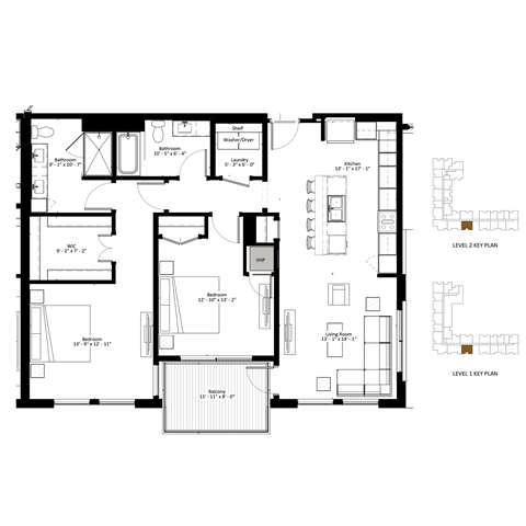 Floor plan for 2 beds, 2 baths, 1315 sqft