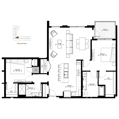 Floor plan for 2 beds, 2 baths, 1340 sqft