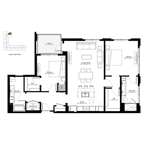 Floor plan for 2 beds, 2 baths, 1355 sqft