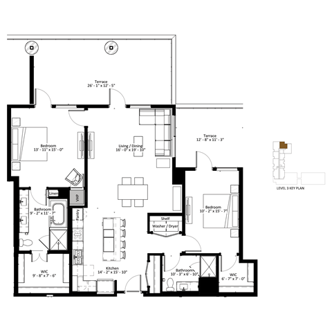 Floor plan for 2 beds, 2 baths, 1424 sqft
