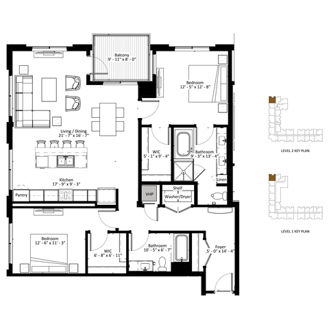 Floor plan for 2 beds, 2 baths, 1464 sqft