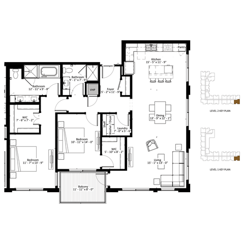Floor plan for 2 beds, 2 baths, 1530 sqft