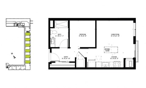 Floor plan for 1 bed, 1 bath, 582 sqft
